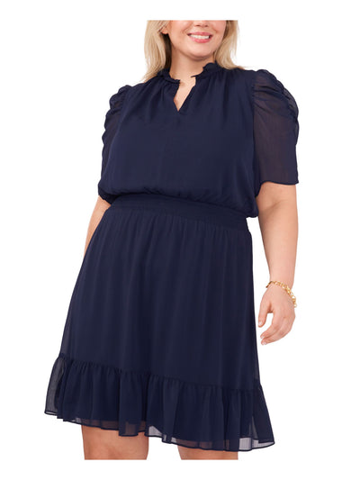 MSK WOMEN Womens Navy Ruched Smocked Ruffled Pullover Pouf Sleeve Split Above The Knee Fit + Flare Dress Plus 1X