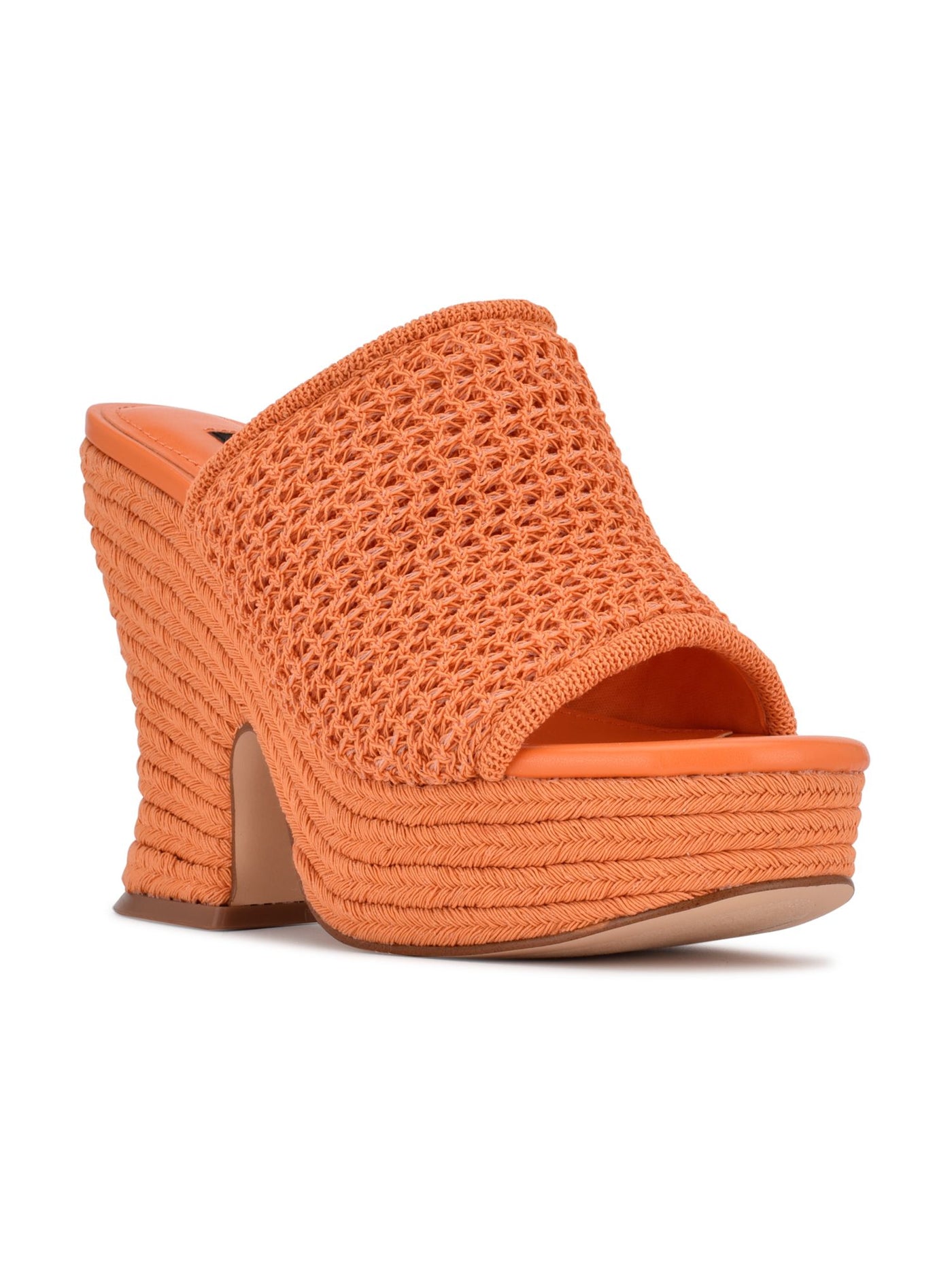 NINE WEST Womens Orange Textured 1-1/2"" Platform Padded Woven Fefee Round Toe Block Heel Slip On Heeled Sandal 10 M