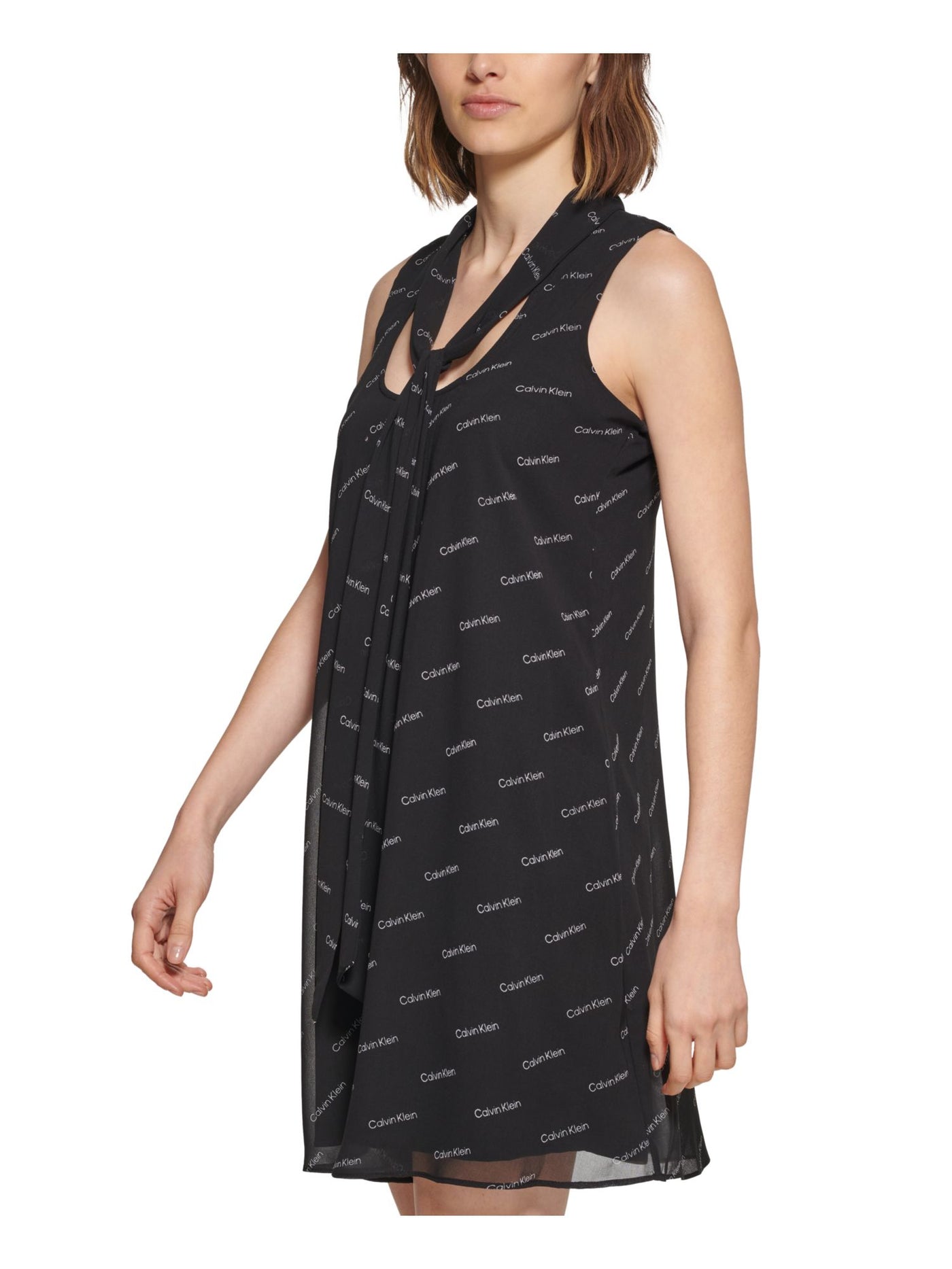 CALVIN KLEIN Womens Black Sheer Pullover Lined Logo Graphic Sleeveless Tie Neck Short Fit + Flare Dress 4