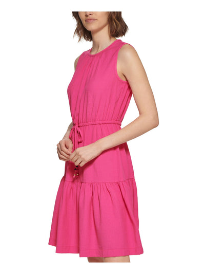 CALVIN KLEIN Womens Pink Textured Back Keyhole Drawstring Waist Sleeveless Round Neck Above The Knee Fit + Flare Dress 12
