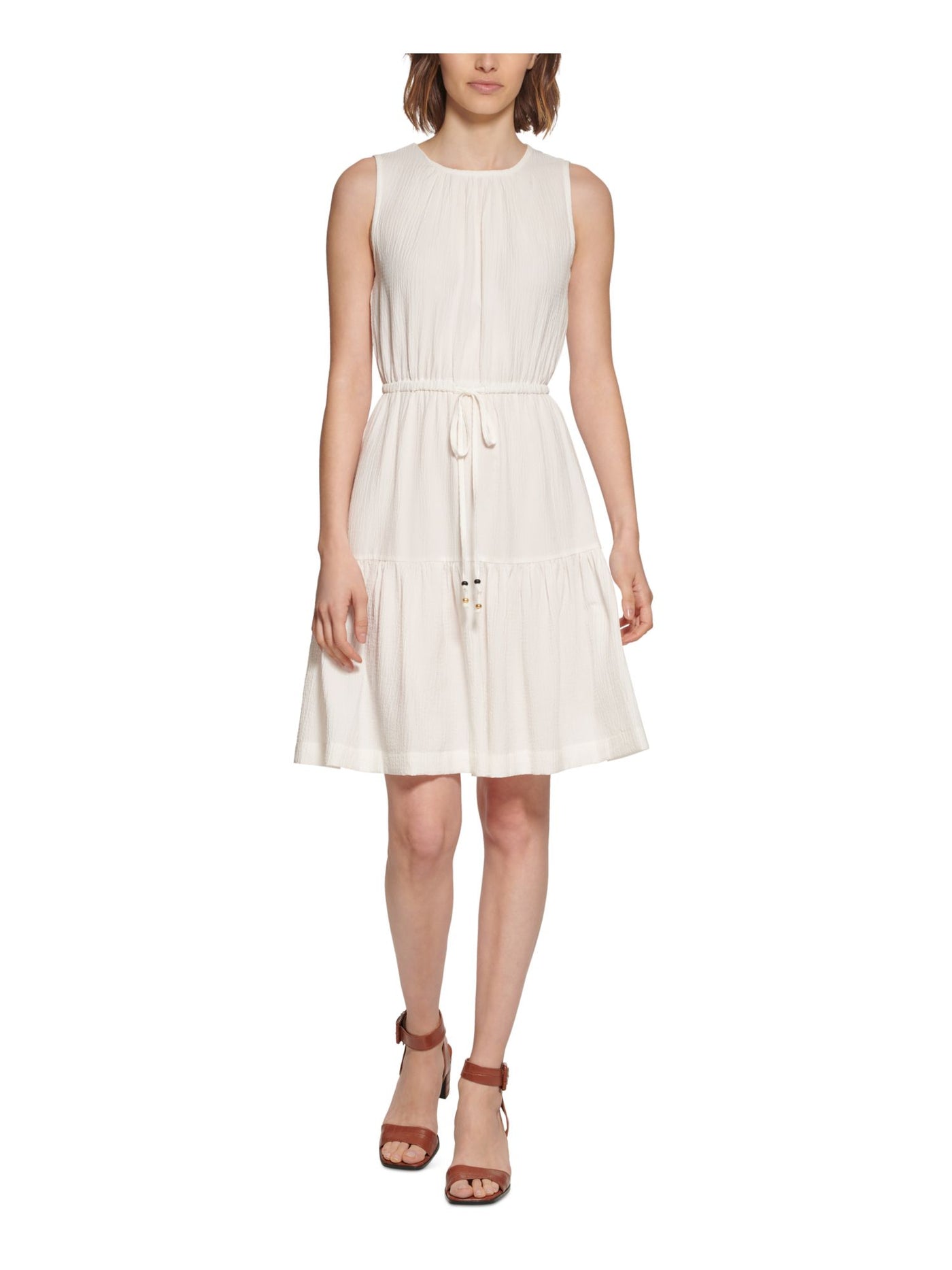 CALVIN KLEIN Womens White Textured Back Keyhole Drawstring Waist Sleeveless Round Neck Above The Knee Fit + Flare Dress 8