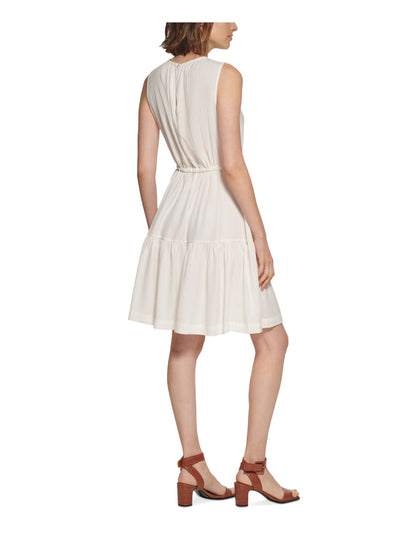 CALVIN KLEIN Womens White Textured Back Keyhole Drawstring Waist Sleeveless Round Neck Above The Knee Fit + Flare Dress 8