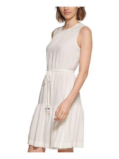 CALVIN KLEIN Womens White Textured Back Keyhole Drawstring Waist Sleeveless Round Neck Above The Knee Fit + Flare Dress 2