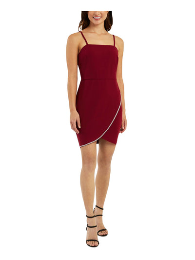 BCX DRESS Womens Burgundy Rhinestone Adjustable Lined Spaghetti Strap Square Neck Short Party Sheath Dress Juniors L