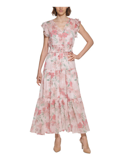 CALVIN KLEIN Womens Pink Smocked Tie Keyhole Back Tiered Skirt Lined Floral Flutter Sleeve V Neck Maxi Fit + Flare Dress 8