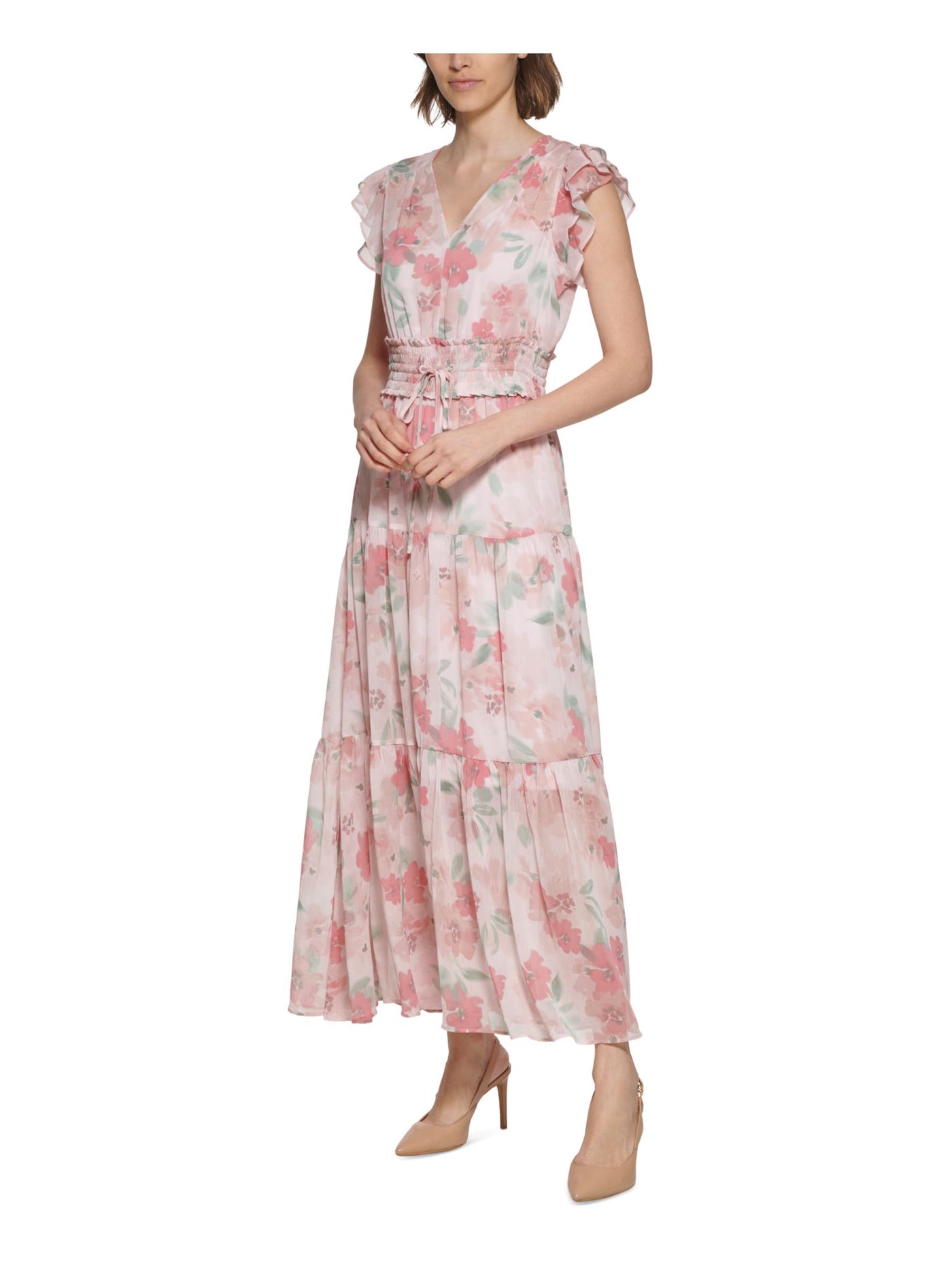 CALVIN KLEIN Womens Pink Smocked Tie Keyhole Back Tiered Skirt Lined Floral Flutter Sleeve V Neck Maxi Fit + Flare Dress 8
