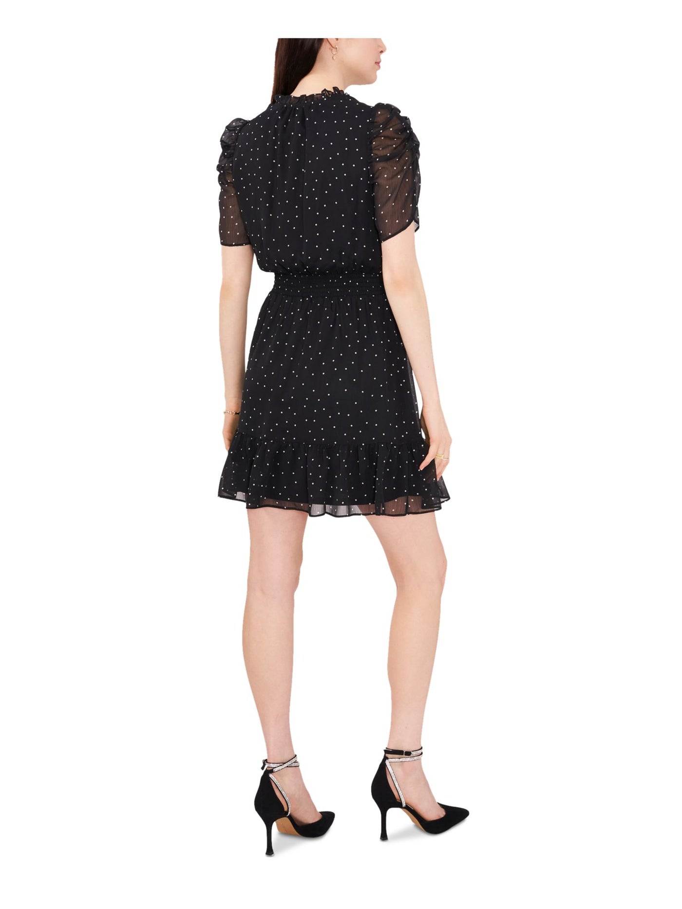 MSK PETITES Womens Black Ruffled Lined Pullover Sheer Smocked Polka Dot Pouf Sleeve Mock Neck Short Fit + Flare Dress Petites PM