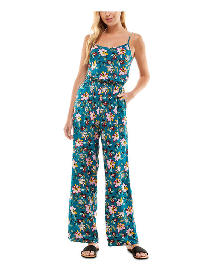KINGSTON GREY Womens Teal Pocketed Open Back Tie Back Elastic Waist Floral Spaghetti Strap Scoop Neck Wide Leg Jumpsuit Juniors S