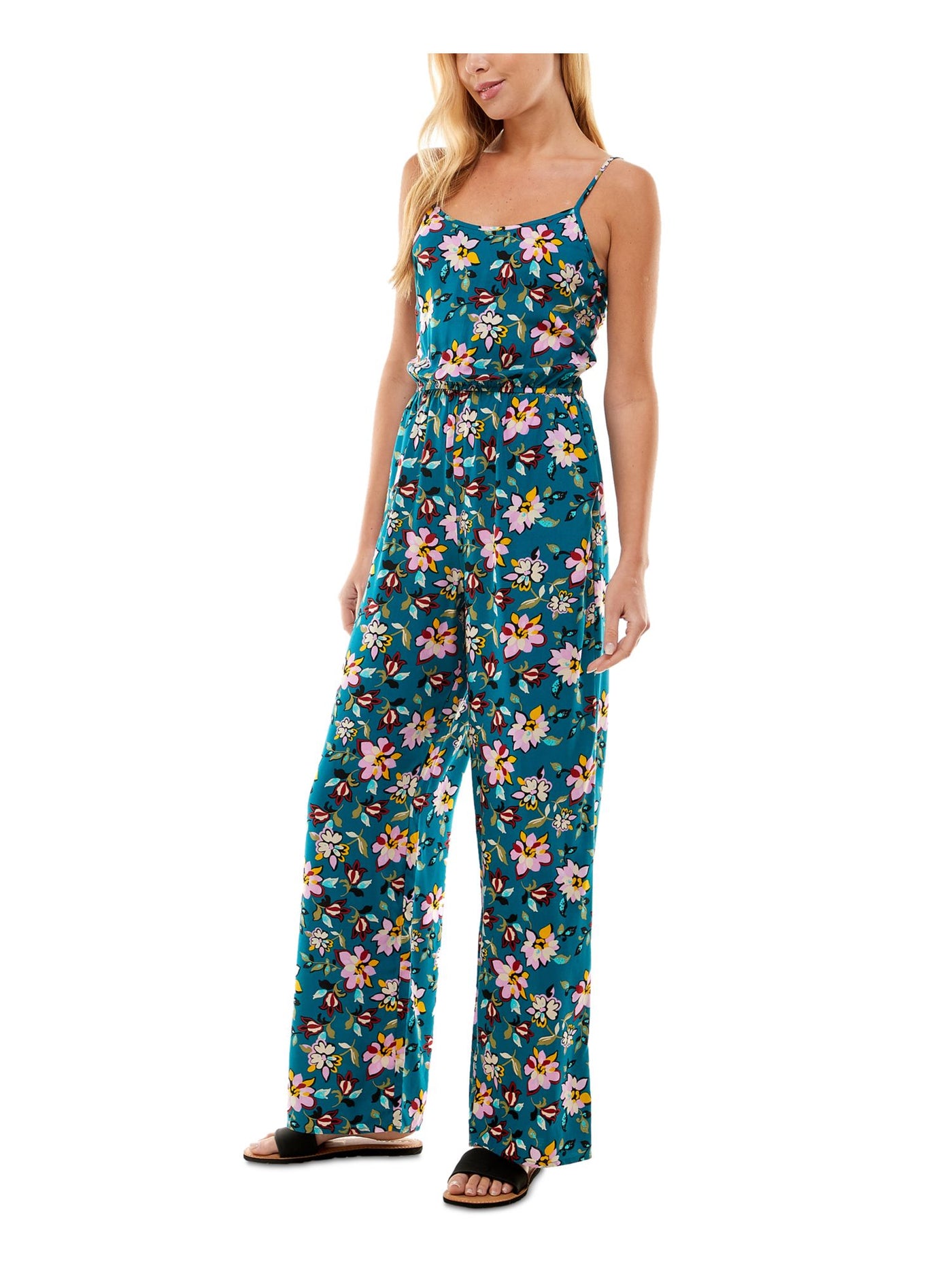 KINGSTON GREY Womens Teal Pocketed Open Back Tie Back Elastic Waist Floral Spaghetti Strap Scoop Neck Wide Leg Jumpsuit Juniors S