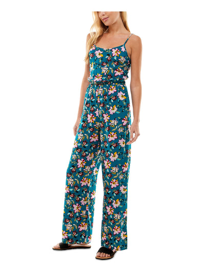 KINGSTON GREY Womens Teal Pocketed Open Back Tie Back Elastic Waist Floral Spaghetti Strap Scoop Neck Wide Leg Jumpsuit Juniors M