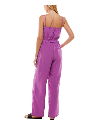 KINGSTON GREY Womens Purple Ruffled Adjustable Spaghetti Strap Surplice Neckline Wide Leg Jumpsuit Juniors XS