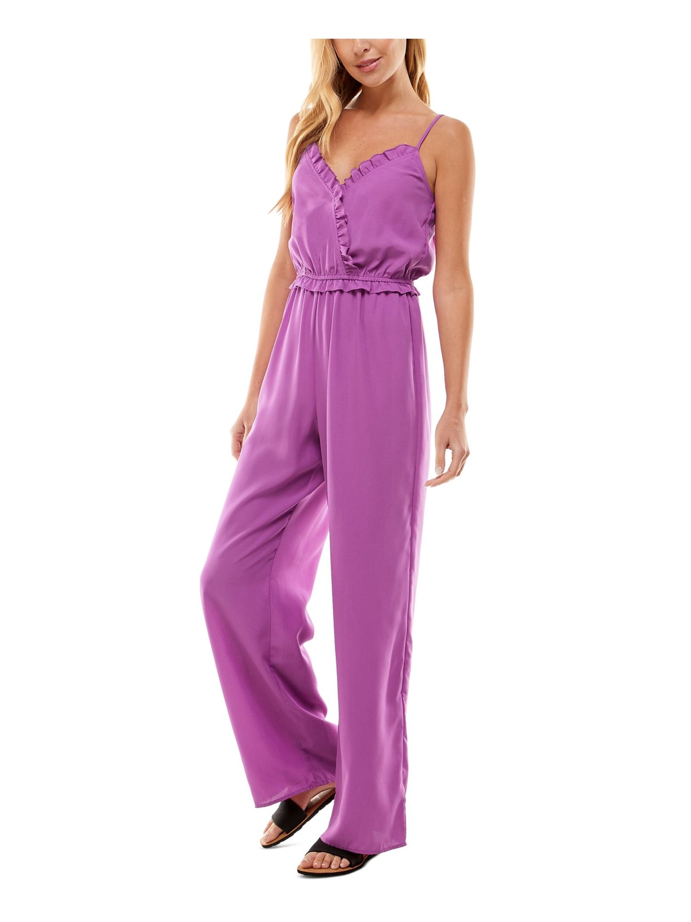 KINGSTON GREY Womens Purple Ruffled Adjustable Spaghetti Strap Surplice Neckline Wide Leg Jumpsuit Juniors XS
