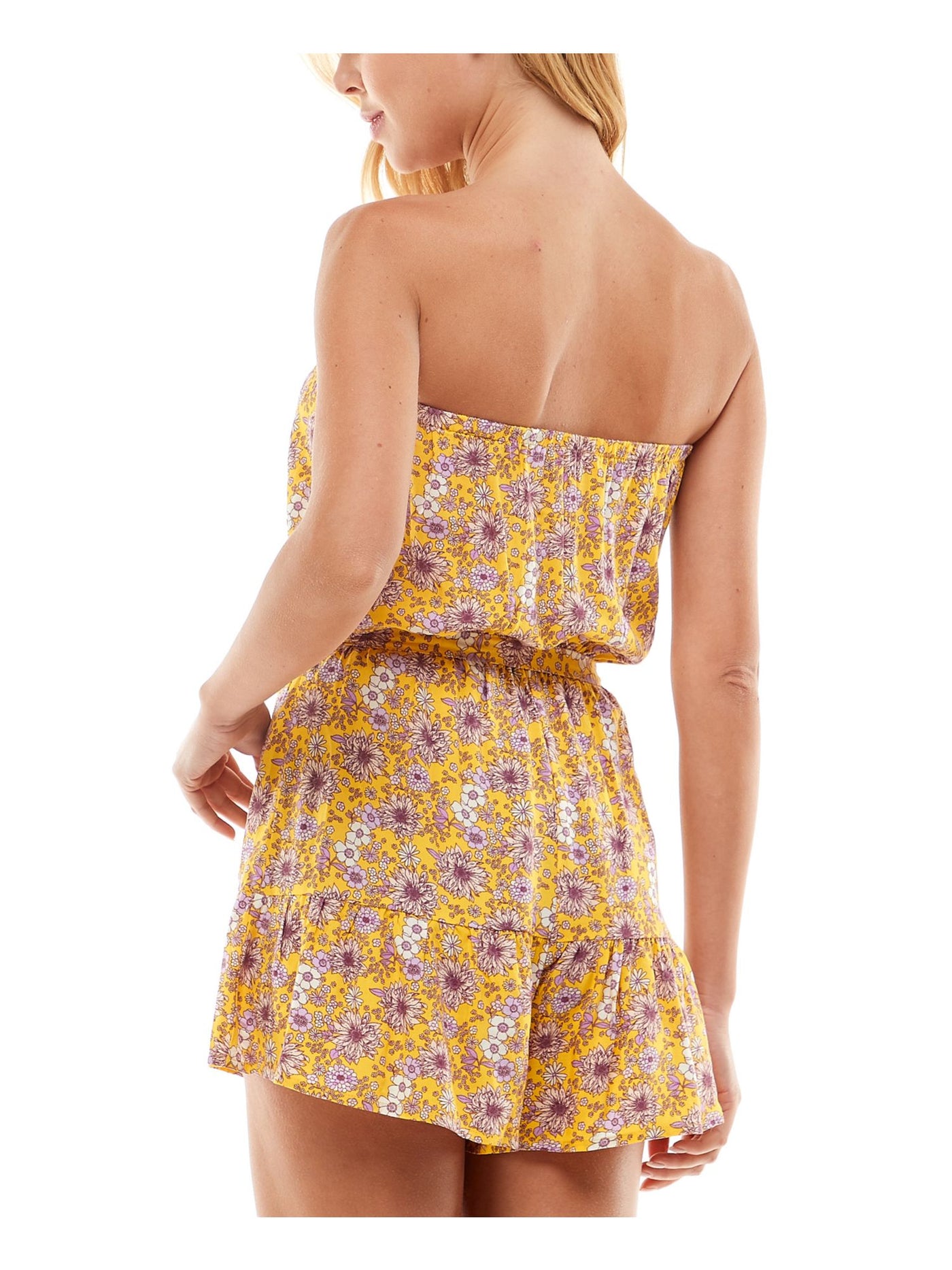 BEBOP Womens Yellow Tie Ruffled Sheer Unlined Floral Sleeveless Strapless Wide Leg Romper Juniors M