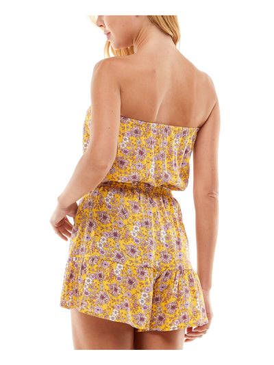 BEBOP Womens Yellow Tie Ruffled Sheer Unlined Floral Sleeveless Strapless Wide Leg Romper S