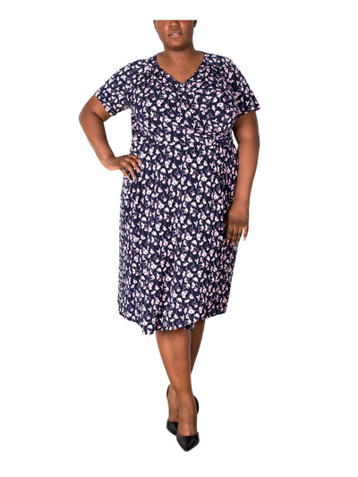 SIGNATURE BY ROBBIE BEE Womens Navy Pleated Textured Pullover Unlined O-ring Hardware Floral Short Sleeve V Neck Below The Knee Faux Wrap Dress Plus 1X