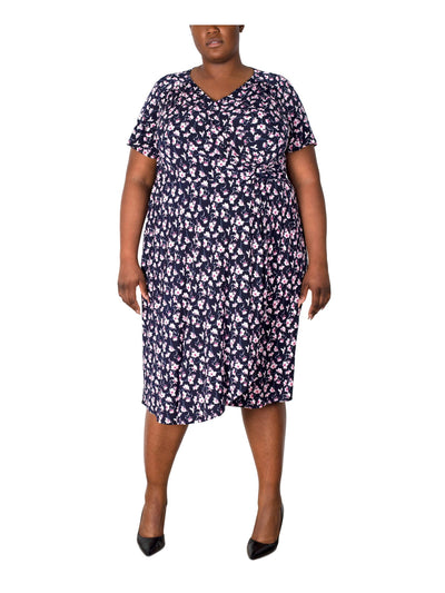 SIGNATURE BY ROBBIE BEE Womens Navy Pleated Textured Pullover Unlined O-ring Hardware Floral Short Sleeve V Neck Below The Knee Faux Wrap Dress Plus 1X