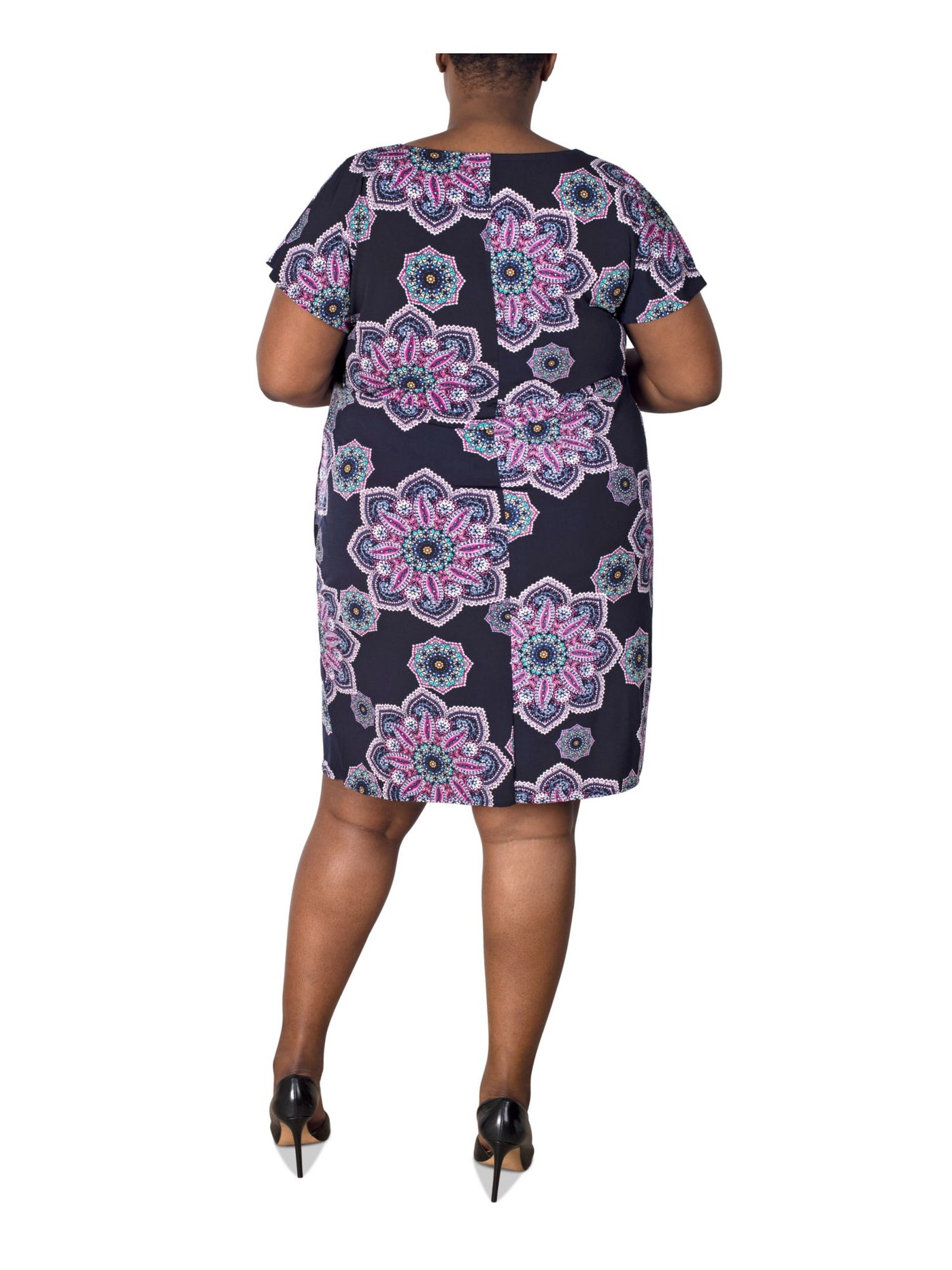 SIGNATURE BY ROBBIE BEE Womens Navy Unlined Tie Floral Dolman Sleeve Round Neck Above The Knee Faux Wrap Dress Plus 2X