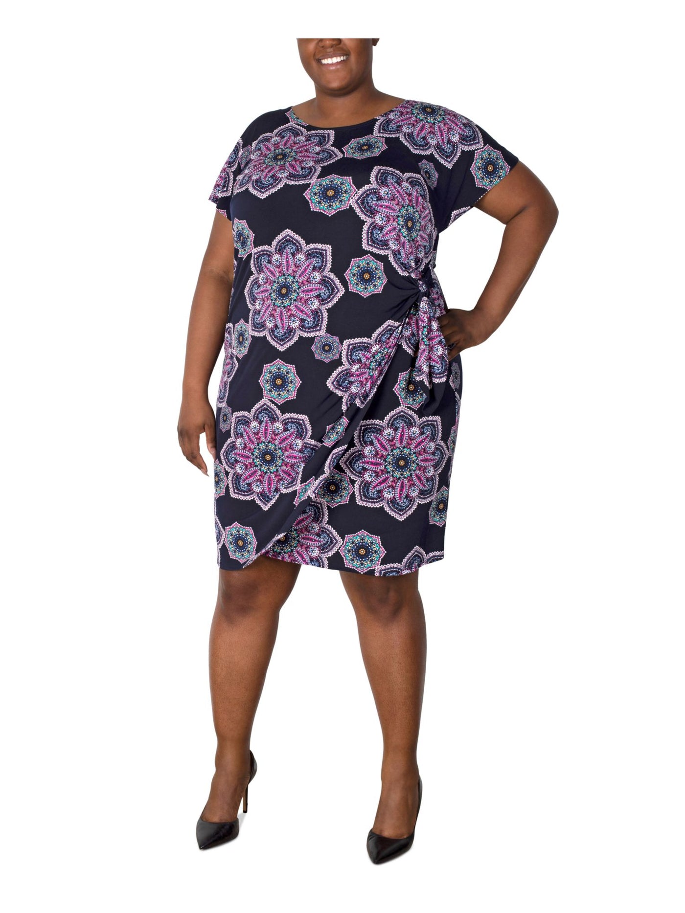SIGNATURE BY ROBBIE BEE Womens Navy Unlined Tie Floral Dolman Sleeve Round Neck Above The Knee Faux Wrap Dress Plus 2X