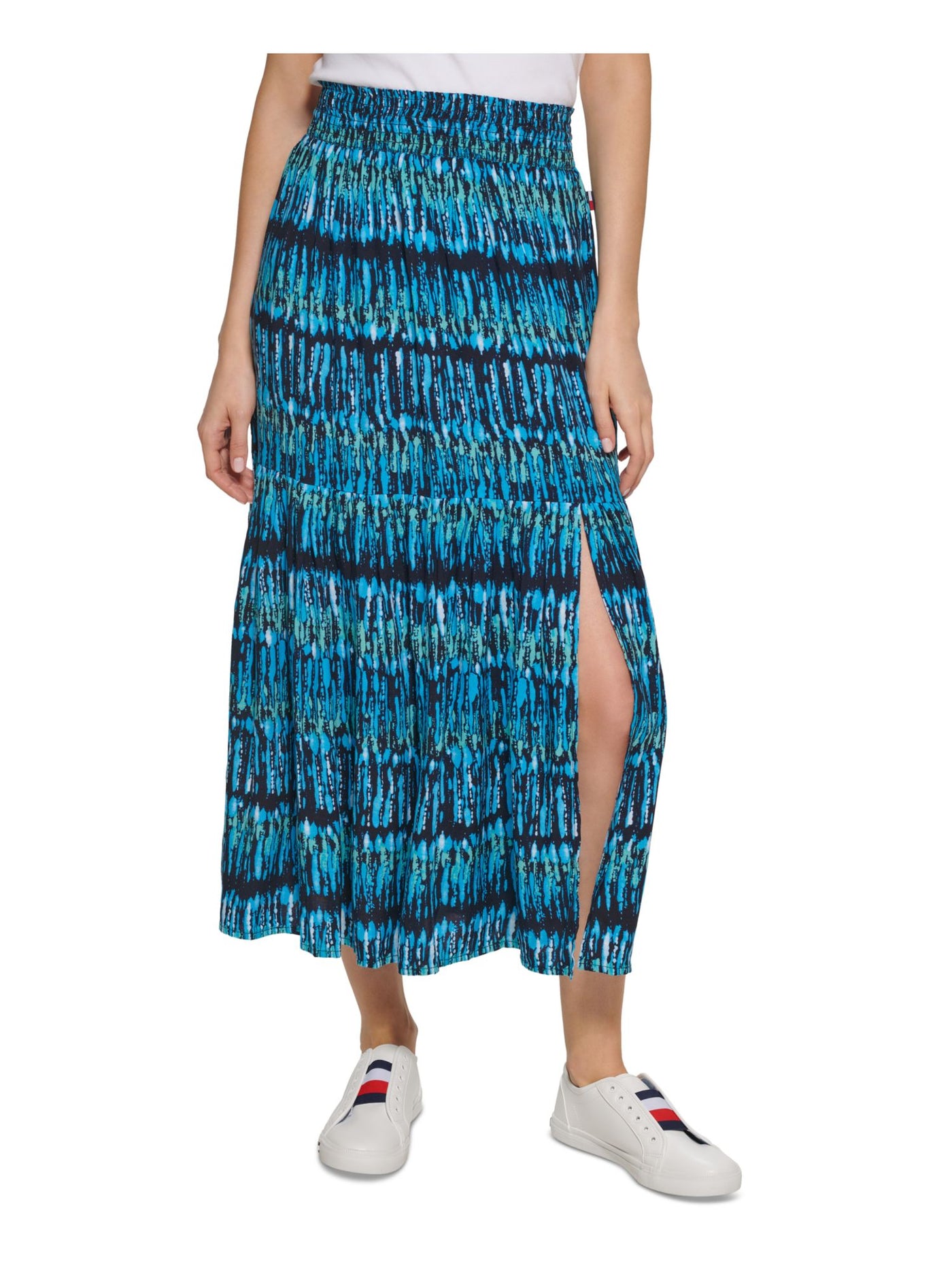 TOMMY HILFIGER Womens Blue Smocked Slitted Pull On Tiered Maxi A-Line Skirt L\G