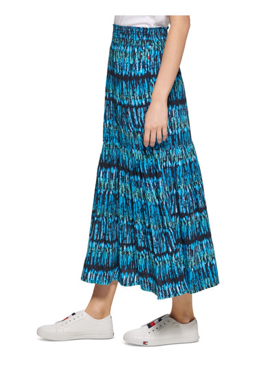 TOMMY HILFIGER Womens Blue Smocked Slitted Pull On Tiered Maxi A-Line Skirt L\G