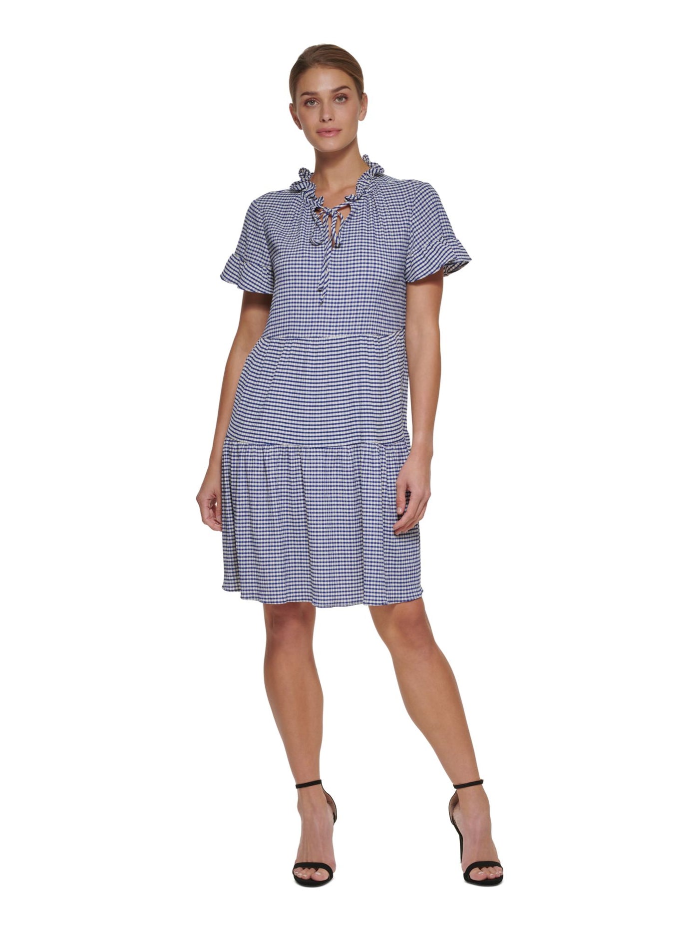 DKNY Womens Blue Ruffled Pullover Gingham Short Sleeve Tie Neck Above The Knee Wear To Work Sheath Dress 10