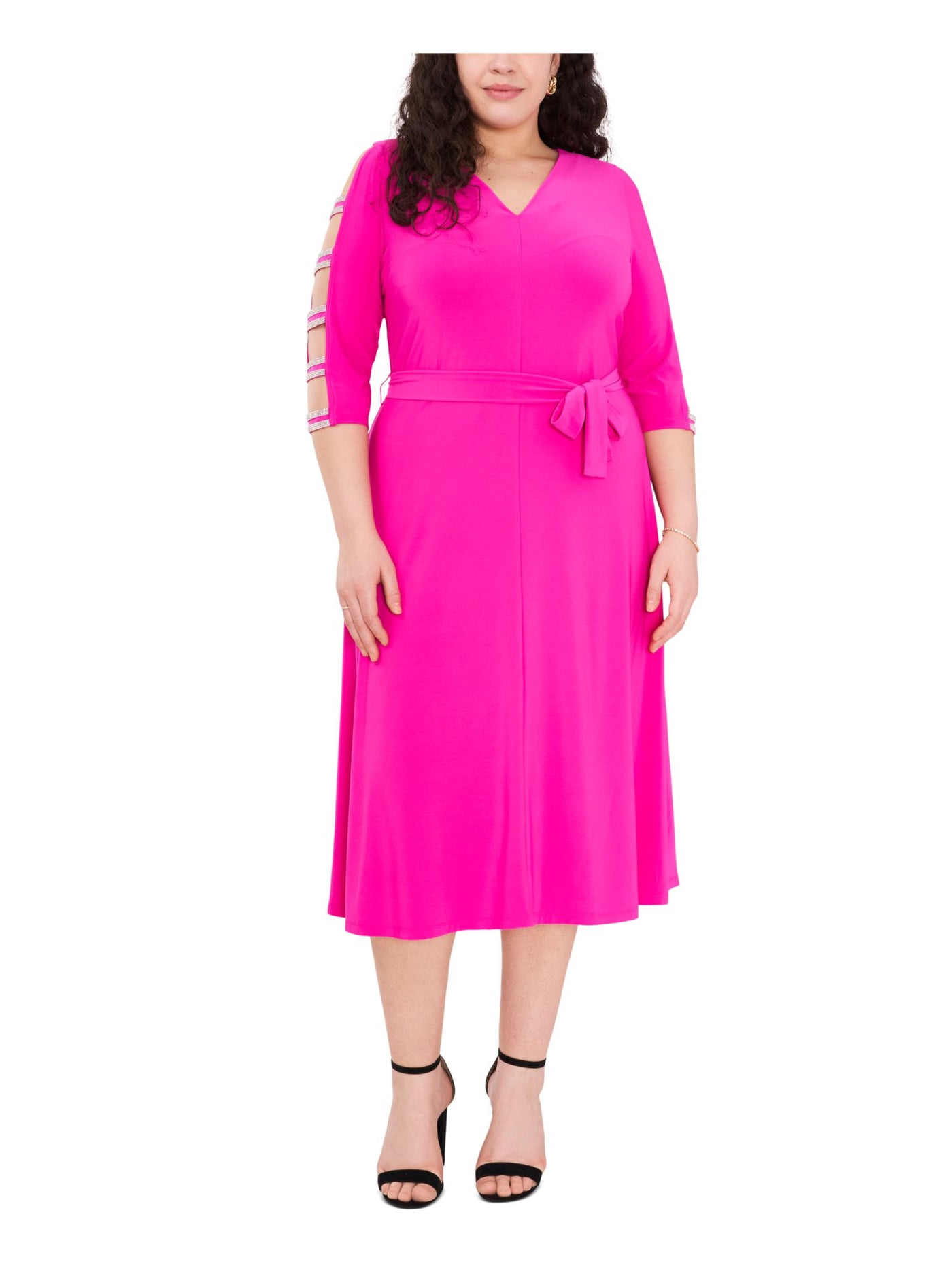 MSK Womens Pink Rhinestone Sheer Pullover Tie Belt Cutout Darted 3/4 Sleeve V Neck Midi Cocktail Fit + Flare Dress Plus 3X
