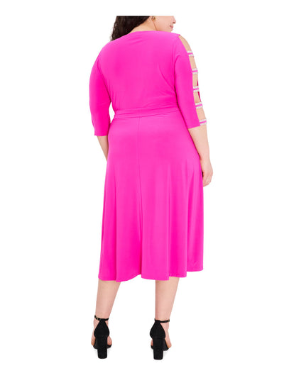 MSK Womens Pink Rhinestone Sheer Pullover Tie Belt Cutout Darted 3/4 Sleeve V Neck Midi Cocktail Fit + Flare Dress Plus 1X