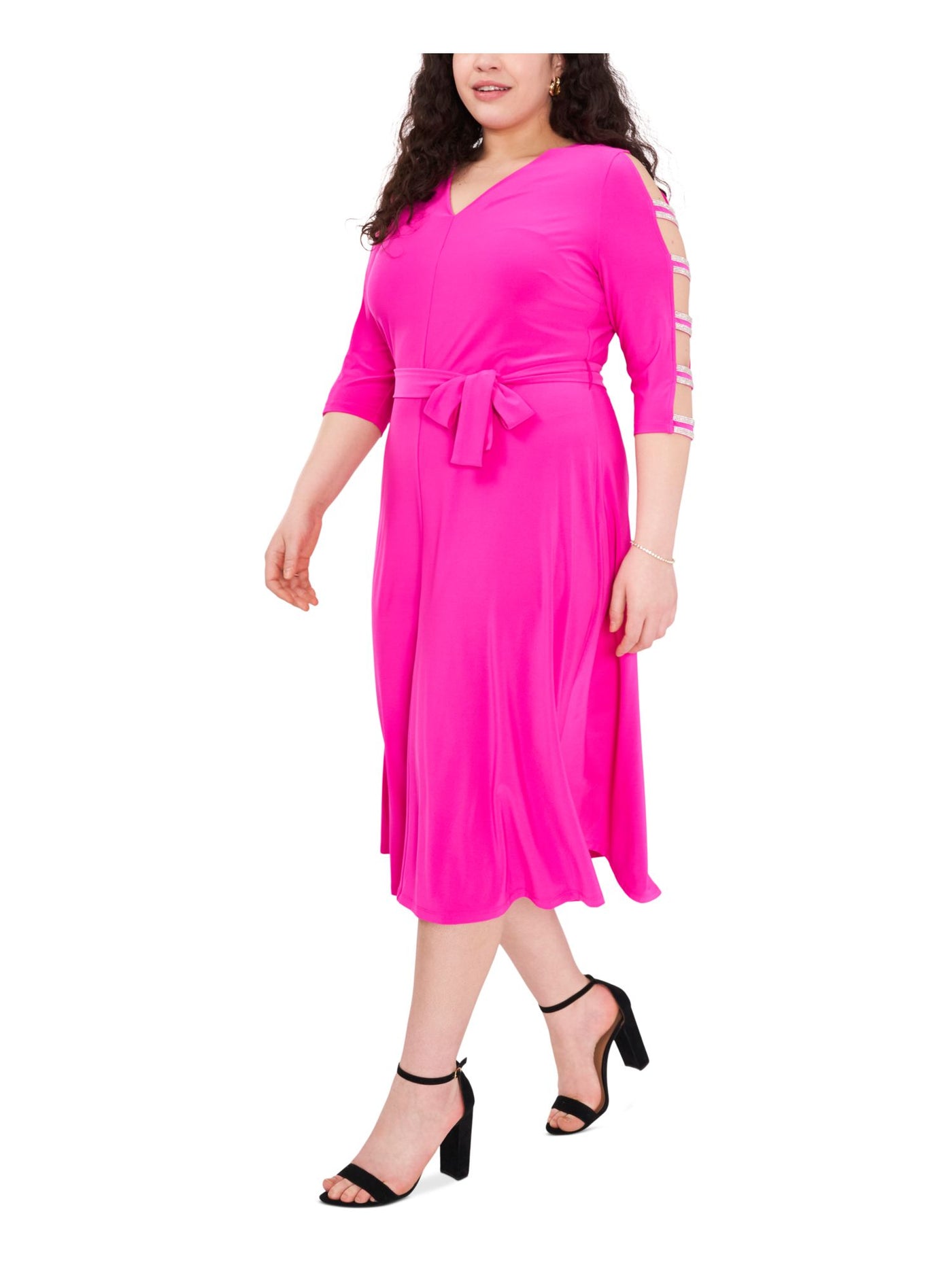 MSK Womens Pink Rhinestone Sheer Pullover Tie Belt Cutout Darted 3/4 Sleeve V Neck Midi Cocktail Fit + Flare Dress Plus 1X