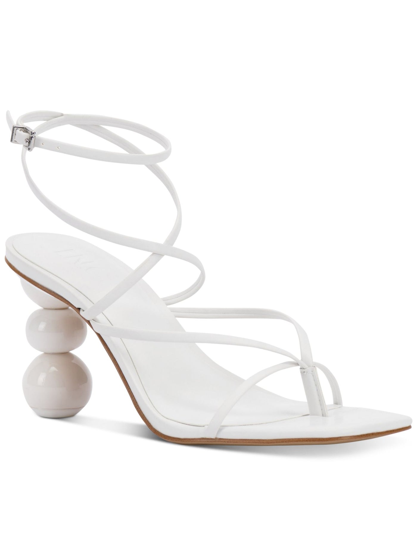 INC Womens White Strappy Stacked Sphere Metallic Accent Heel Padded Ankle Strap Lilliana Square Toe Sculpted Heel Buckle Heeled Sandal 8.5 M