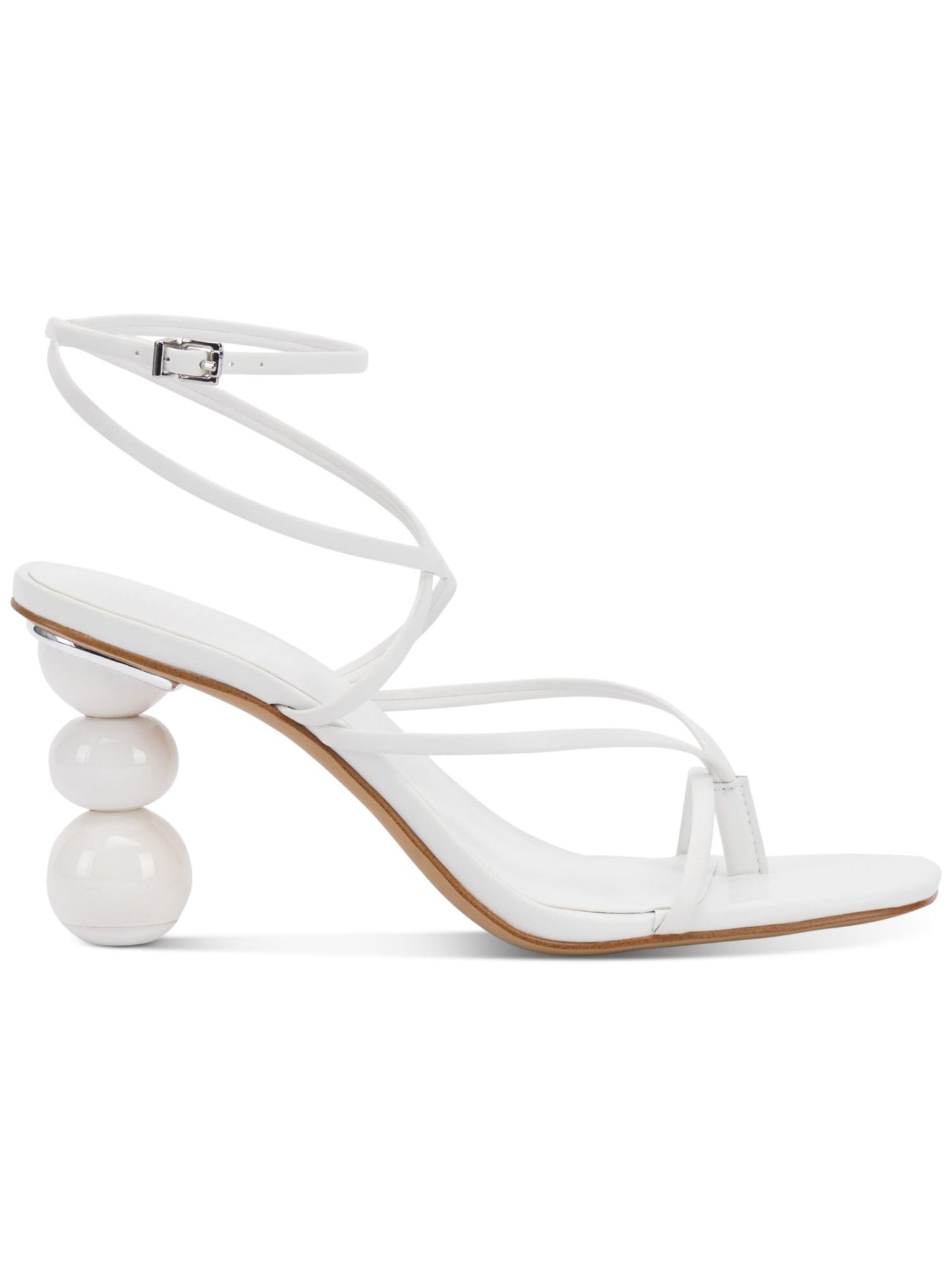 INC Womens White Strappy Stacked Sphere Metallic Accent Heel Padded Ankle Strap Lilliana Square Toe Sculpted Heel Buckle Heeled Sandal 8.5 M