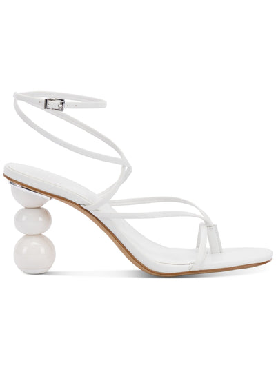 INC Womens White Strappy Stacked Sphere Metallic Accent Heel Padded Ankle Strap Lilliana Square Toe Sculpted Heel Buckle Heeled Sandal 8 M