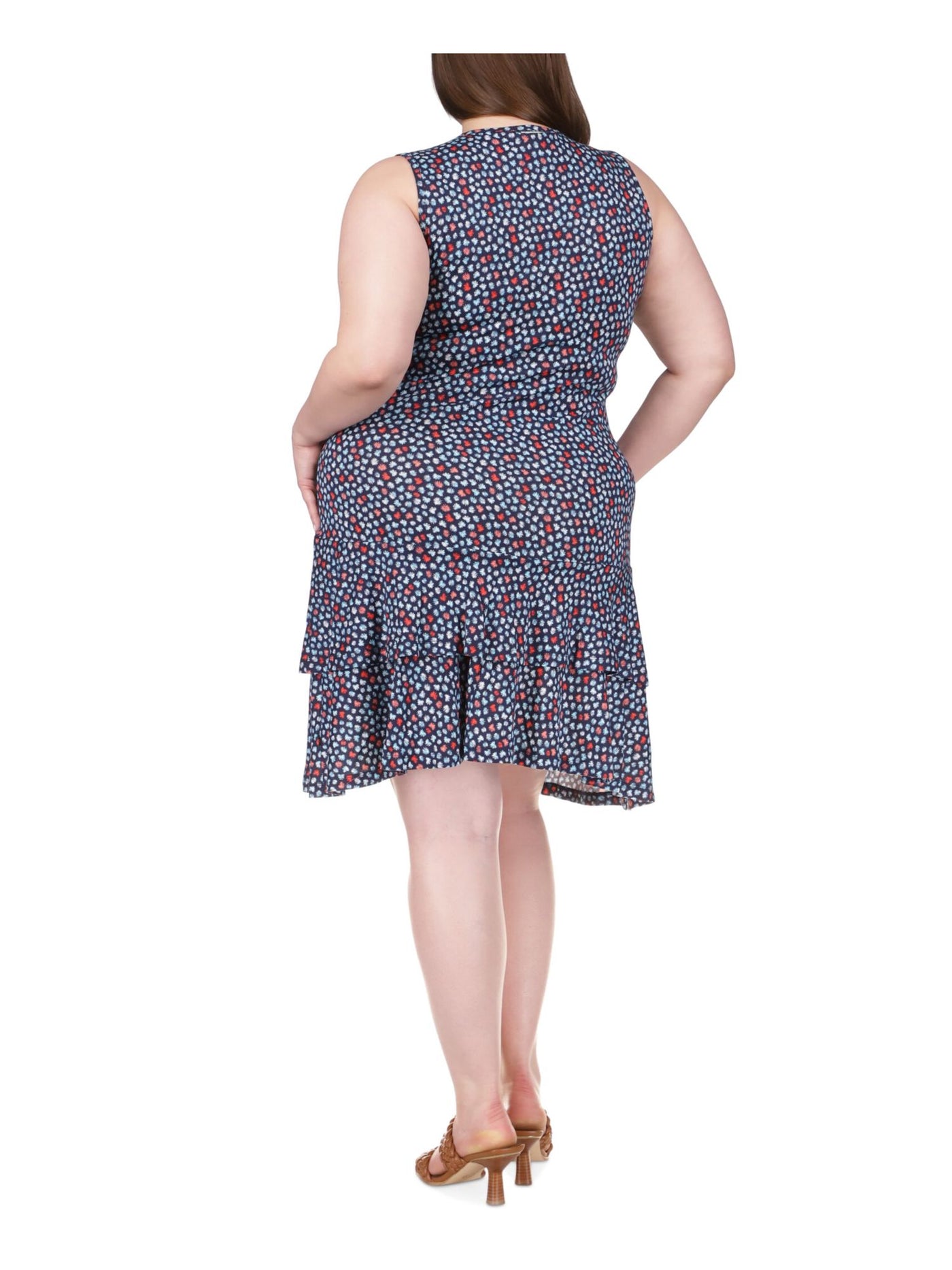 MICHAEL KORS Womens Navy Printed Sleeveless Scoop Neck Knee Length Shift Dress Plus 0X