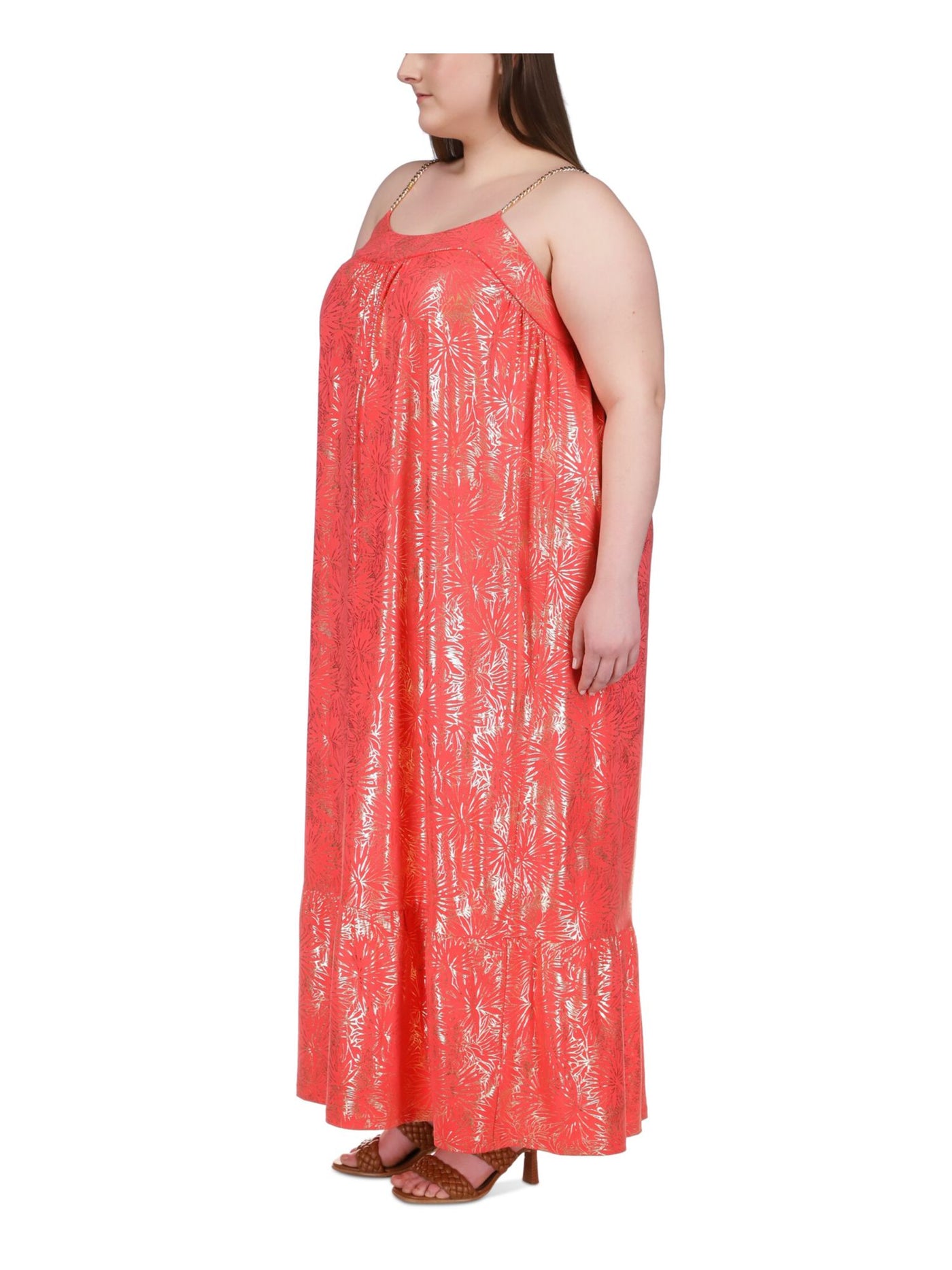 MICHAEL MICHAEL KORS Womens Coral Sleeveless Scoop Neck Maxi Shift Dress Plus 1X