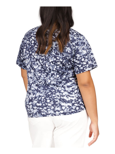 MICHAEL KORS Womens Navy Ruched Tie Drawstring Center Front Tie Dye Short Sleeve V Neck T-Shirt Plus 2X