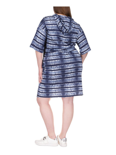 MICHAEL MICHAEL KORS Womens Navy Pocketed Tie Pullover Drawstring Hoodie Printed Elbow Sleeve Knee Length Shift Dress Plus 0X