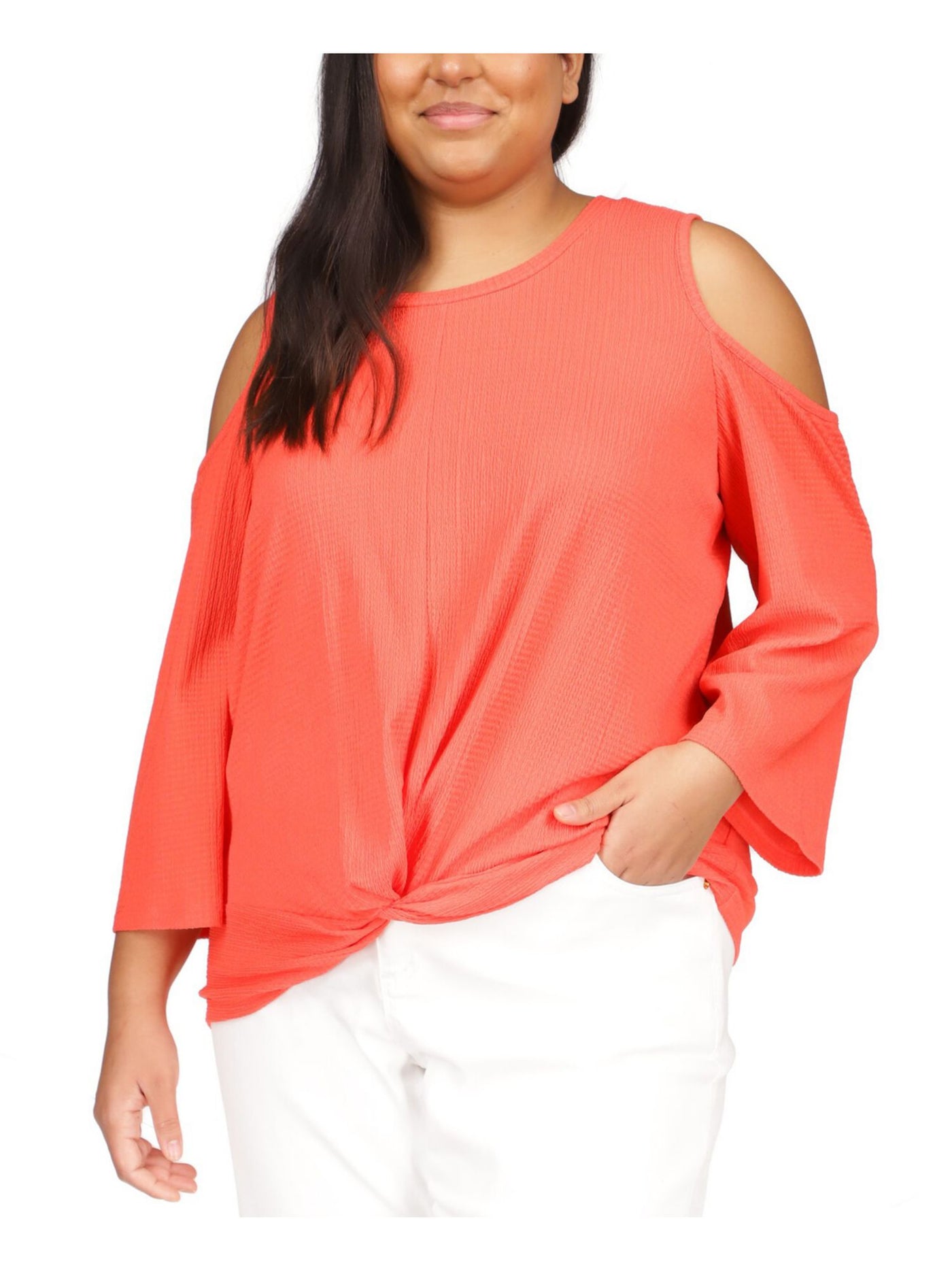 MICHAEL KORS Womens Coral Twist Front Cold Shoulder Textured Unlined Logo Plate 3/4 Sleeve Round Neck Top Plus 0X