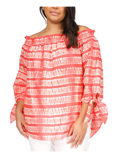 MICHAEL MICHAEL KORS Womens Coral Tie Sheer Unlined Smocked Lightweight Printed 3/4 Sleeve Off Shoulder Top Plus 2X