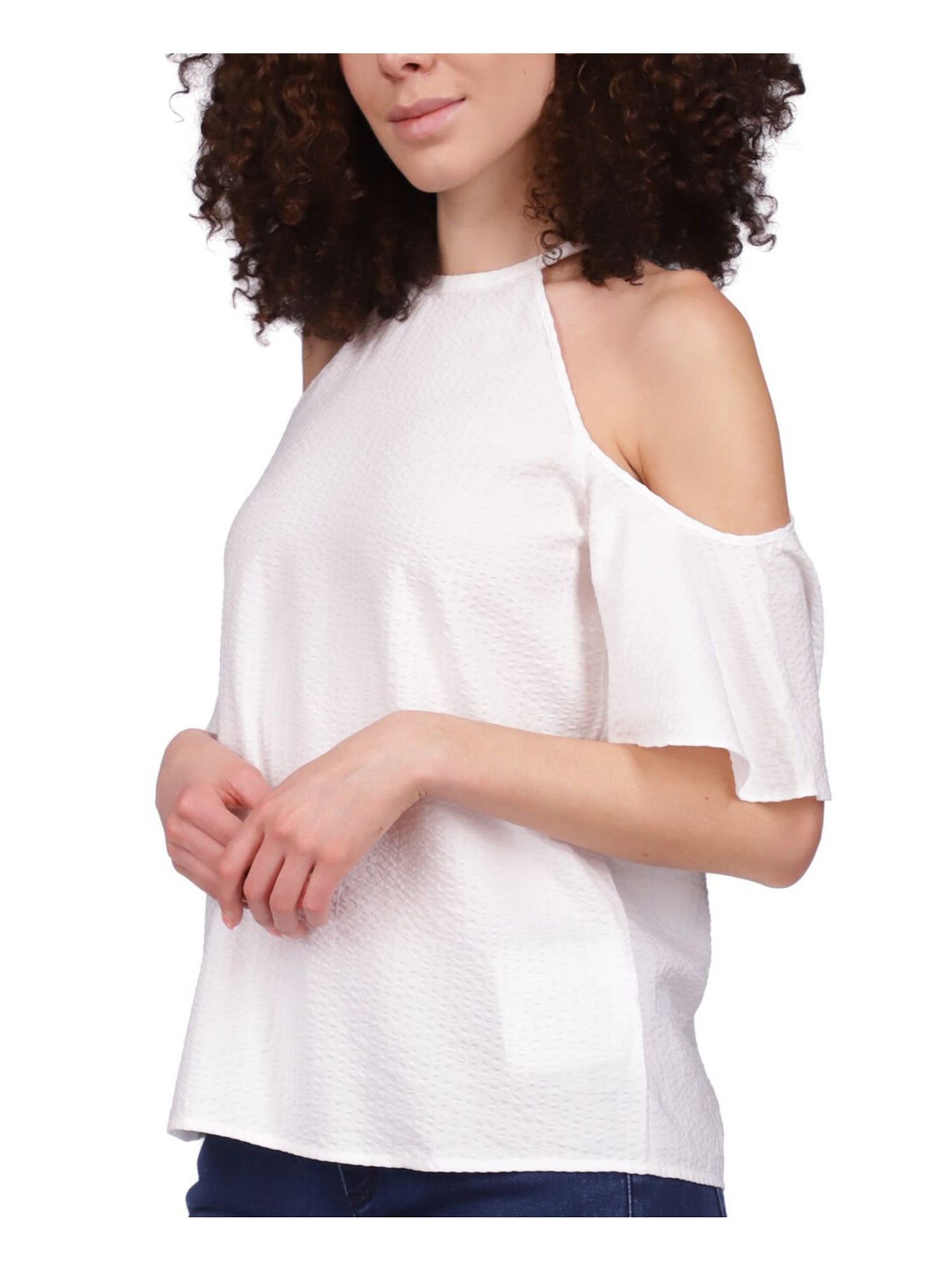 MICHAEL MICHAEL KORS Womens White Cold Shoulder Seersucker Keyhole Back Flutter Sleeve Round Neck Top Petites P\XS