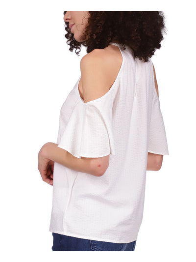 MICHAEL KORS Womens White Cold Shoulder Seersucker Keyhole Back Flutter Sleeve Round Neck Top Petites P\S