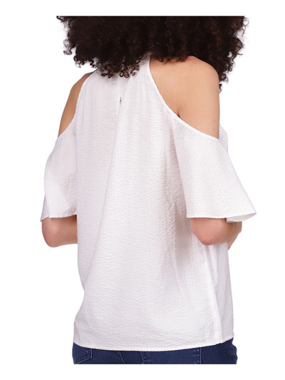 MICHAEL MICHAEL KORS Womens White Cold Shoulder Seersucker Keyhole Back Flutter Sleeve Round Neck Top Petites P\S