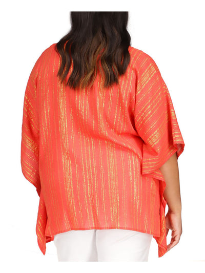 MICHAEL KORS Womens Orange Sheer Unlined Ring Detail Striped Kimono Sleeve V Neck PONCHO Top Plus 0X
