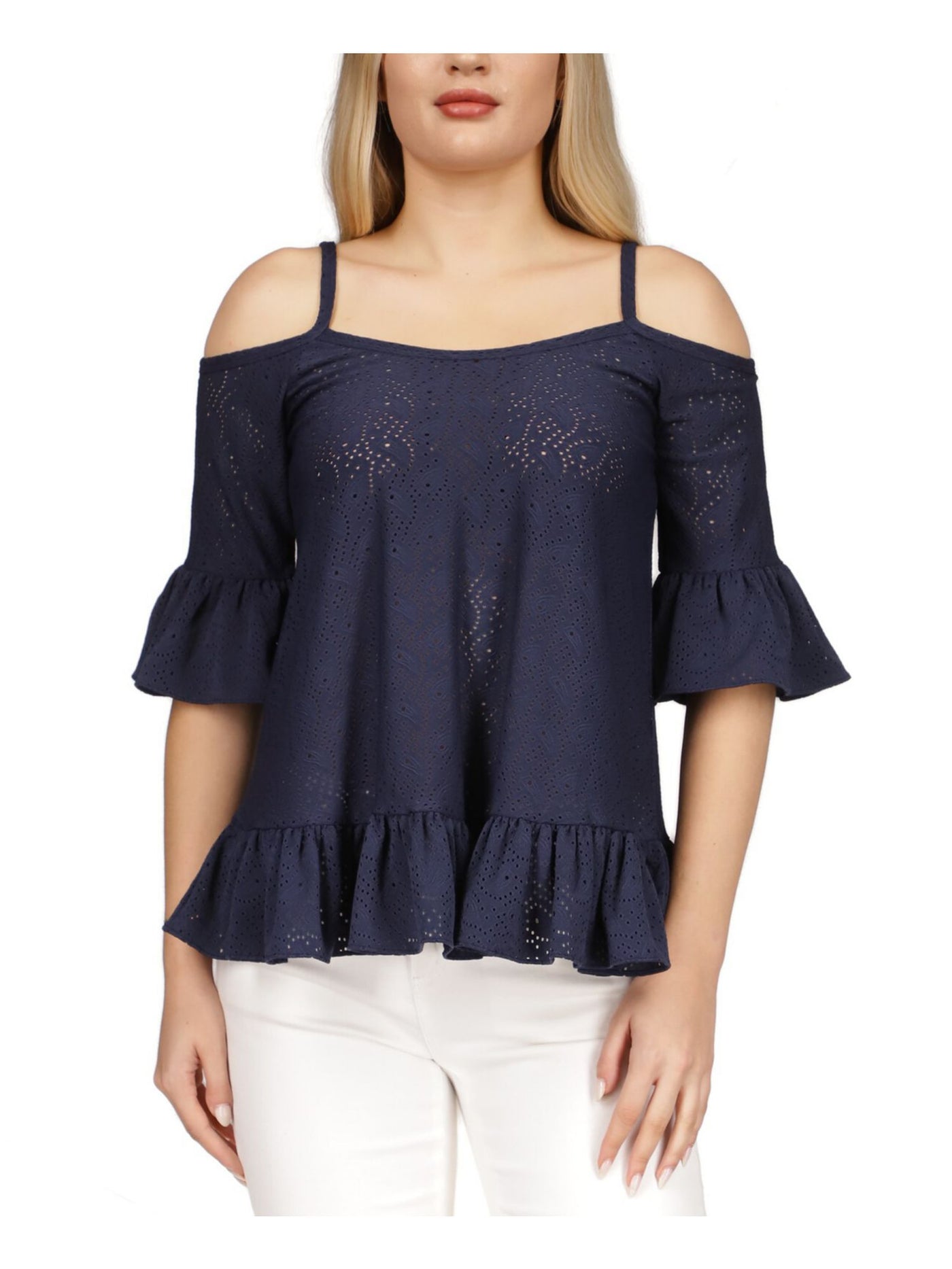 MICHAEL MICHAEL KORS Womens Navy Cold Shoulder Eyelet Ruffled Unlined Bell Sleeve Square Neck Top L