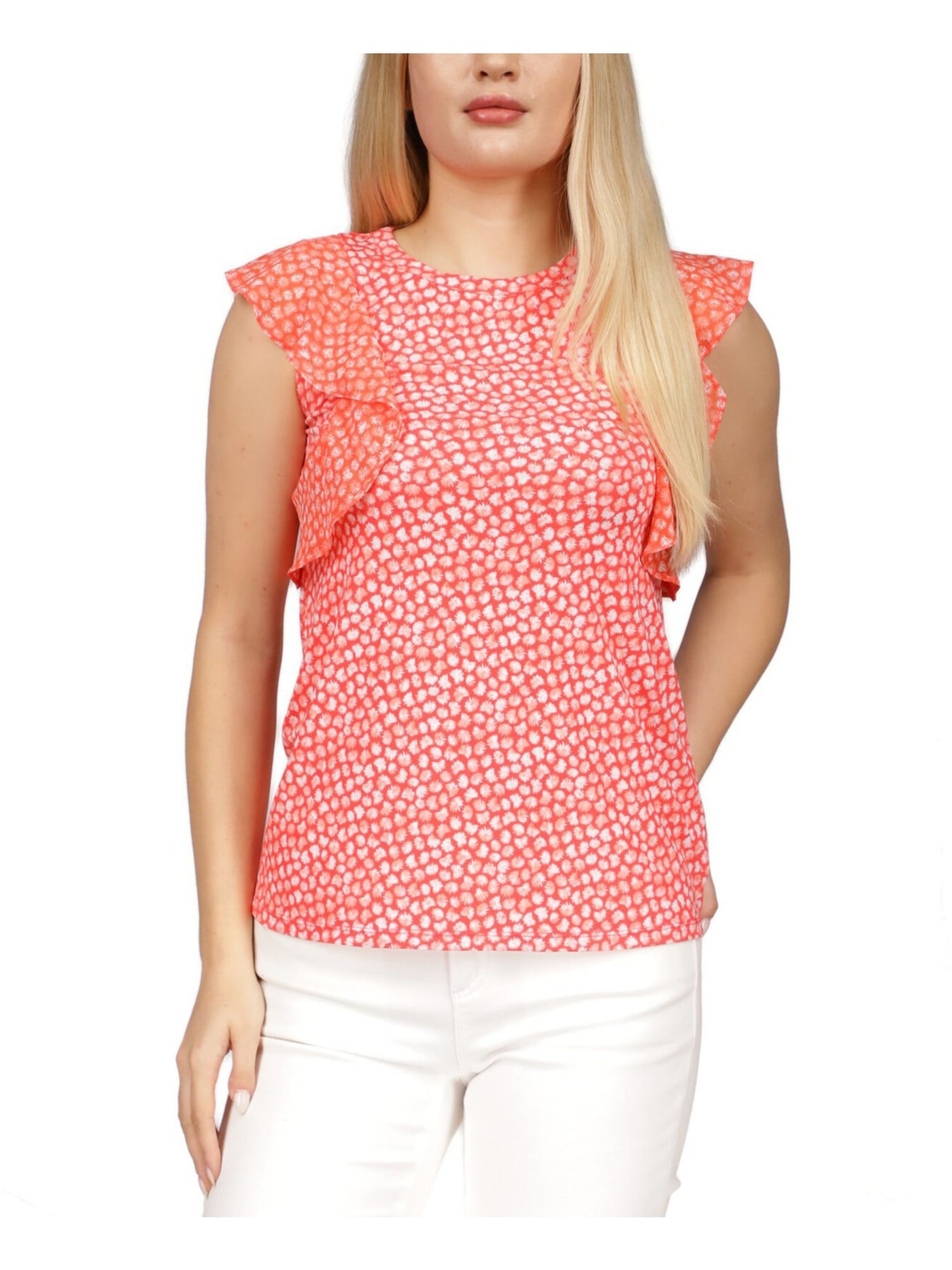 MICHAEL MICHAEL KORS Womens Coral Ruffled Sheer Logo Tab Printed Cap Sleeve Crew Neck Top M