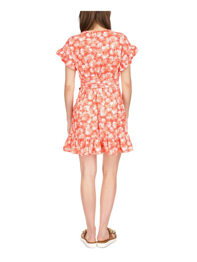 MICHAEL MICHAEL KORS Womens Coral Zippered Textured Ruffled Tiered Tie Waist Printed Short Sleeve Round Neck Short Party Fit + Flare Dress S