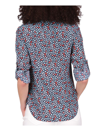 MICHAEL KORS Womens Blue Zippered Pocketed Round Hem Padlock Detail Printed Roll-tab Sleeve Collared Top Petites P\XS