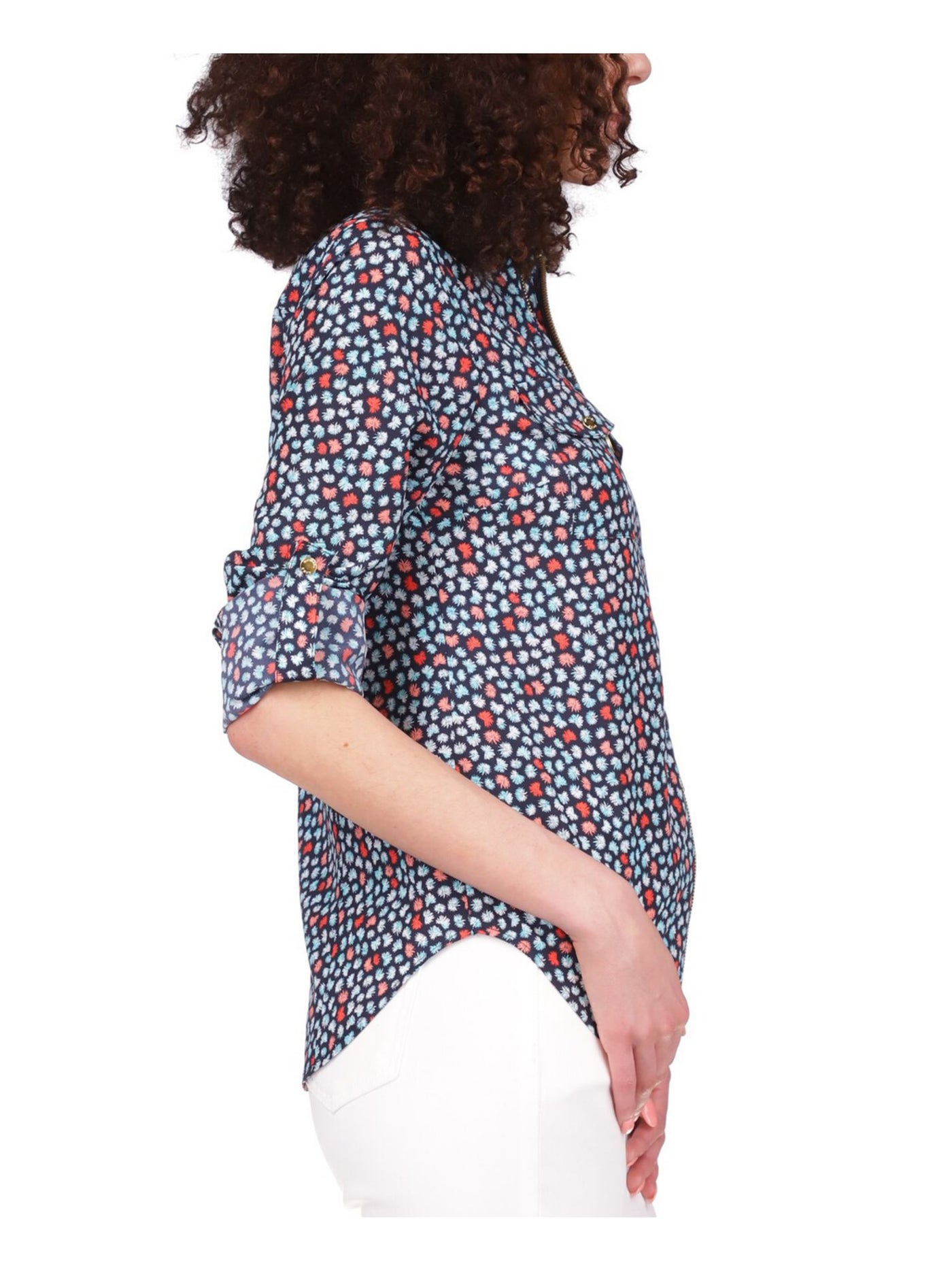 MICHAEL KORS Womens Blue Zippered Pocketed Round Hem Padlock Detail Printed Roll-tab Sleeve Collared Top Petites P\XS