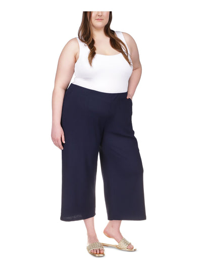 MICHAEL KORS Womens Blue Textured Pocketed Elastic Waist Sheer Wide Leg Pants Plus 0X