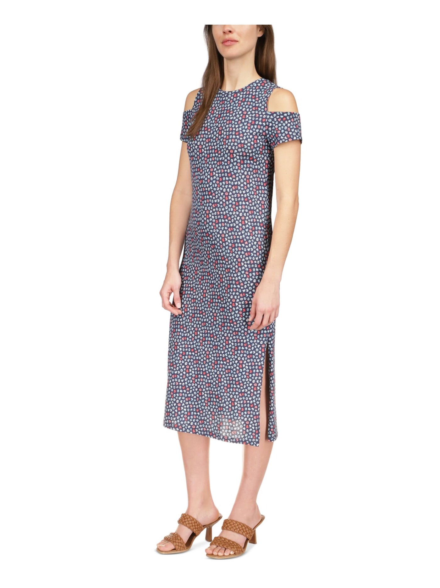 MICHAEL MICHAEL KORS Womens Navy Cut Out Slitted Pullover Printed Short Sleeve Round Neck Midi Sheath Dress M