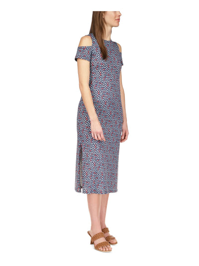 MICHAEL MICHAEL KORS Womens Navy Cut Out Slitted Pullover Printed Short Sleeve Round Neck Midi Sheath Dress XS