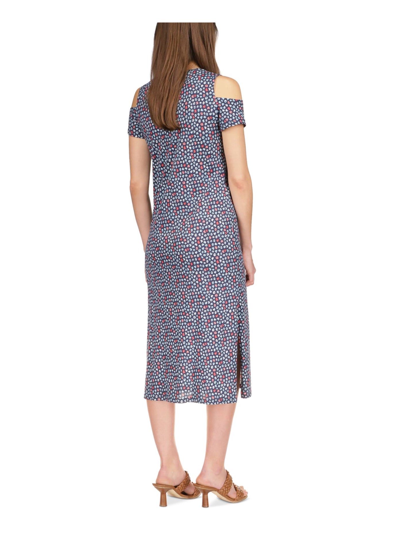 MICHAEL MICHAEL KORS Womens Navy Cut Out Slitted Pullover Printed Short Sleeve Round Neck Midi Sheath Dress XS